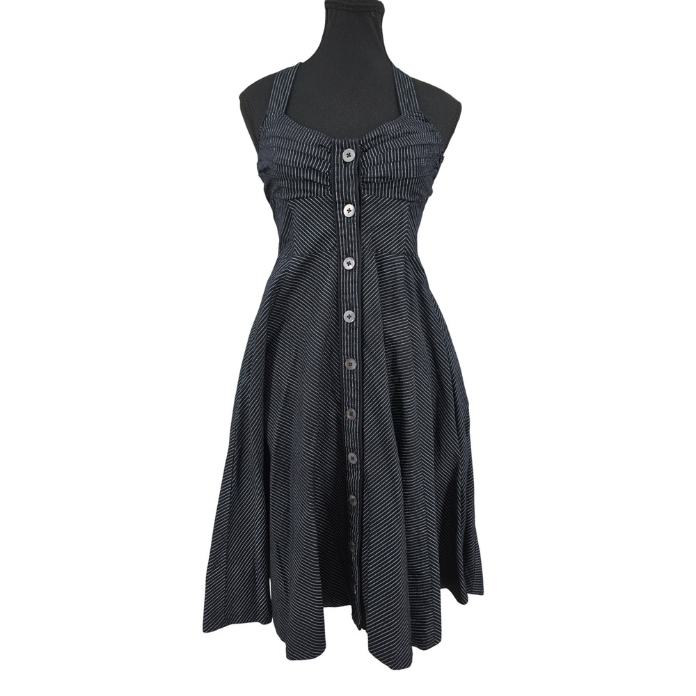 Maeve Anthropologie Pinstripe Halter Dress Navy Blue Button Front Midi XS?